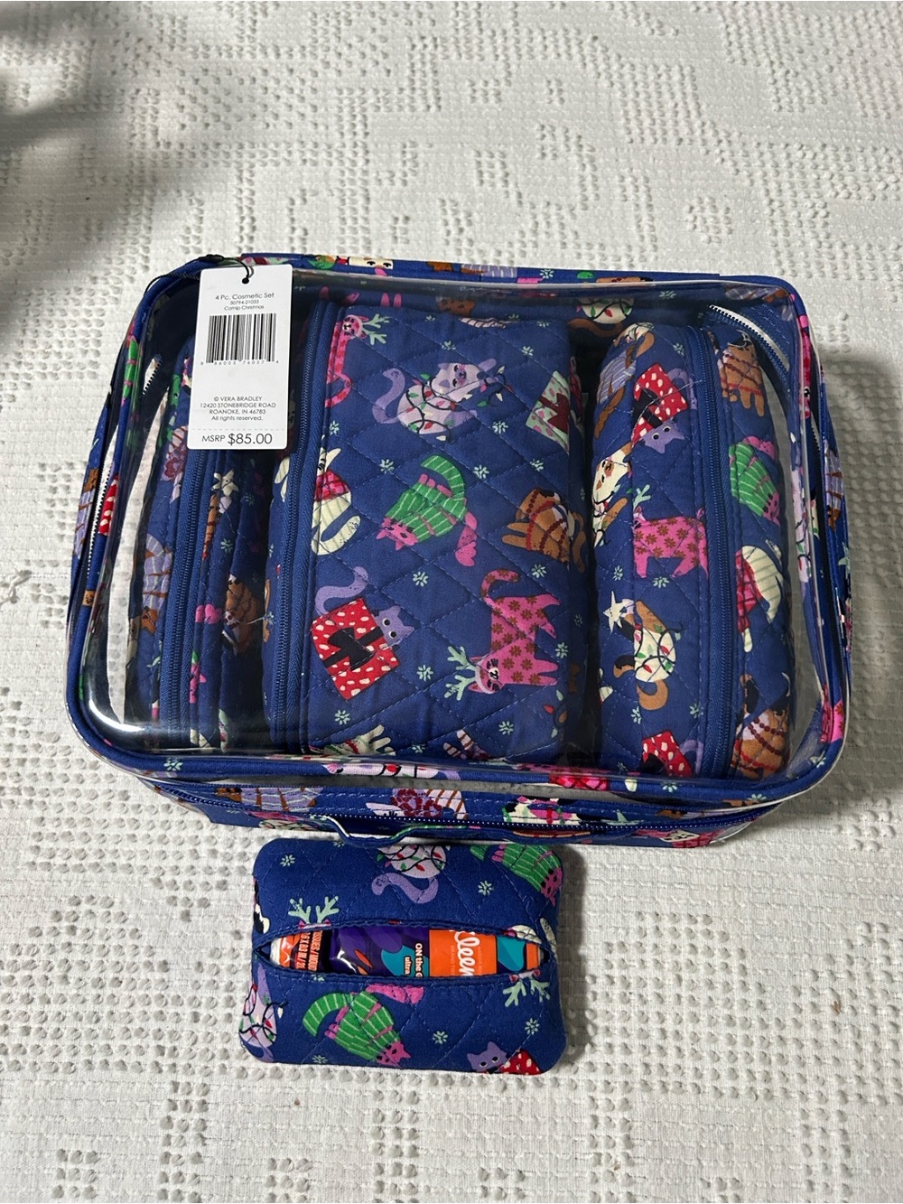 Vera Bradley Quilted Catnip Christmas Print Cosmetic Bag Set 4 piece